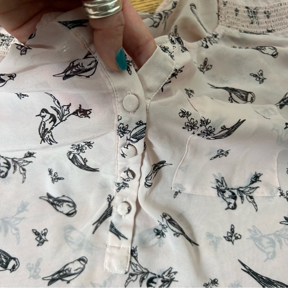 TORRID | Sheer Pink Chiffon Bird Print Henley Blouse - Picture 12 of 15